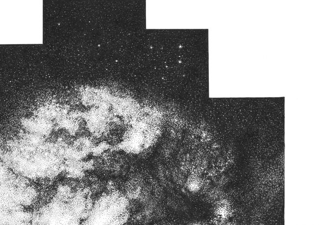 Cyrielle Gulacsy, drawing, illustration, ink, artwork, dots, dots drawing, arp244, cosmos, galaxy, alien, space, art, artist, paris, space, drawings, satellite, spacecraft, illustration, illustrator